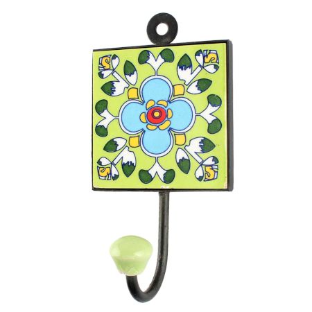 Turquoise Floral Ceramic Tile Hook